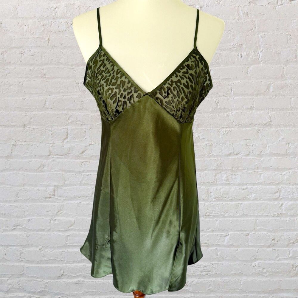 Vintage Olive Moss Green Satin Silky Leopard Chemise Slip Dress Nightgown Size M
